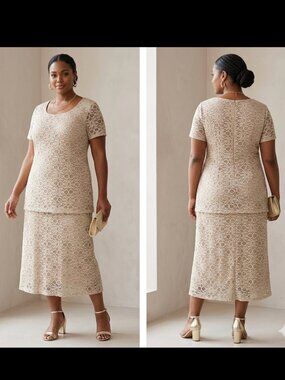 R&M Richards Champagne Lace Overlay Midi Dress SZ 18W